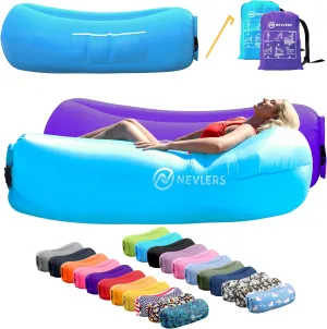 Nevlers Blue & Purple Inflatable Lounger 2 Pack | 210T Polyester Inflatable Chair | No-Pump Air Couch | Blow Up Couch Set w/ 450 lbs. Capacity, Pockets & Carry Bags for Use as Beach Accessories