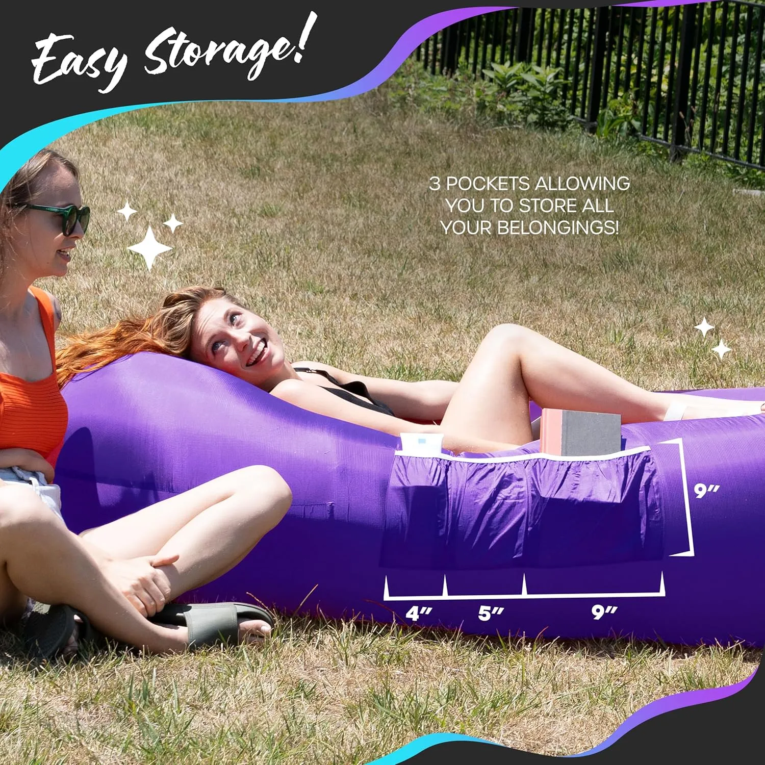Nevlers Blue & Purple Inflatable Lounger 2 Pack | 210T Polyester Inflatable Chair | No-Pump Air Couch | Blow Up Couch Set w/ 450 lbs. Capacity, Pockets & Carry Bags for Use as Beach Accessories