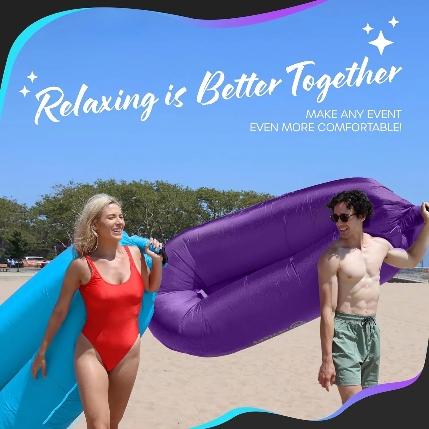 Nevlers Blue & Purple Inflatable Lounger 2 Pack | 210T Polyester Inflatable Chair | No-Pump Air Couch | Blow Up Couch Set w/ 450 lbs. Capacity, Pockets & Carry Bags for Use as Beach Accessories