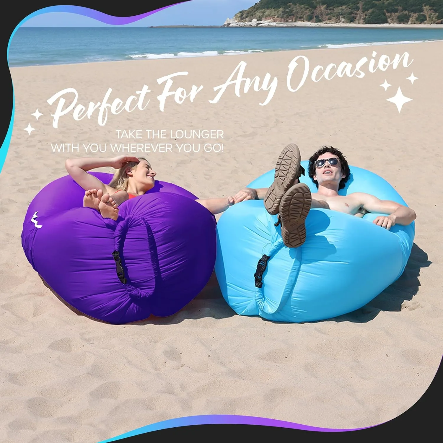 Nevlers Blue & Purple Inflatable Lounger 2 Pack | 210T Polyester Inflatable Chair | No-Pump Air Couch | Blow Up Couch Set w/ 450 lbs. Capacity, Pockets & Carry Bags for Use as Beach Accessories