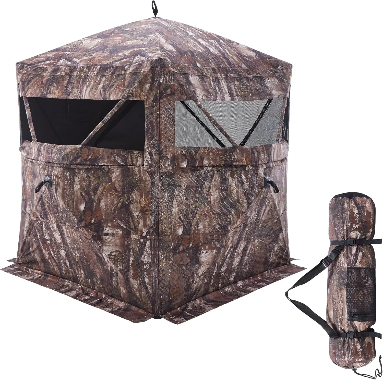 NEW VIEW Camo Hunting Blind, 270 Degree See Through Ground Blind, Pop-Up Style 2 Person Tent for Deer Turkey Hunting