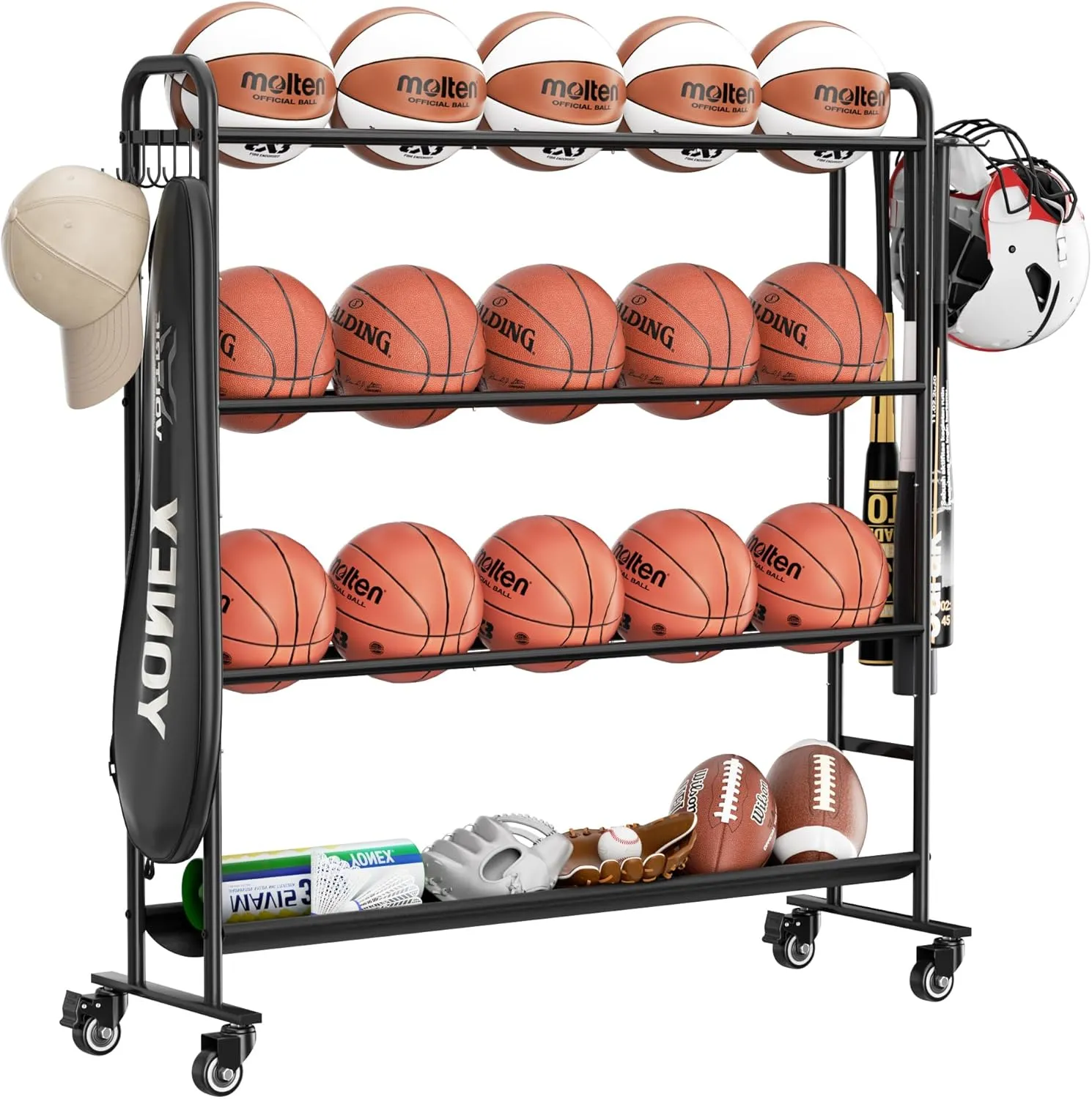 niffgaff Basketball Stand Storage Rack Outdoor, 4-Layer Training Rolling Ball Organizer with Bat Holder, Hooks & Wheels, Garage Sport Cart Equipment for Men's Standard Basketball