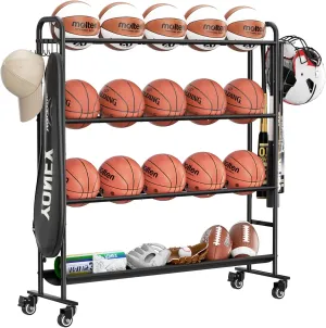 niffgaff Basketball Stand Storage Rack Outdoor, 4-Layer Training Rolling Ball Organizer with Bat Holder, Hooks & Wheels, Garage Sport Cart Equipment for Men's Standard Basketball