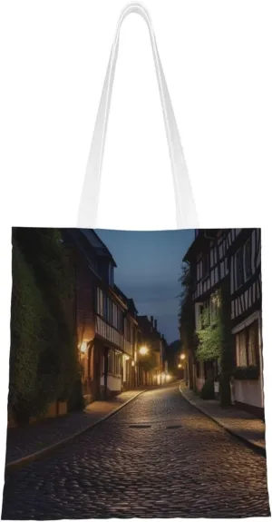 Nighttime The Cobbles at Street printed Reusable Tote Shopping Bag Fashion Handbag