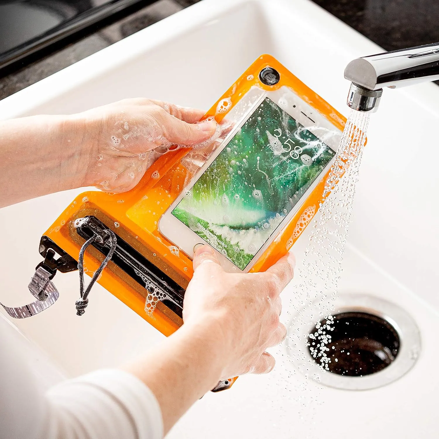 Nite Ize Runoff Waterproof Phone Pouch with Lanyard and Zipper, IP67 Universal Waterproof Case for iPhone 11/11 Pro Max/Xs Max/XR/X/8/8P Galaxy, Orange (ROPPL-19-R3)