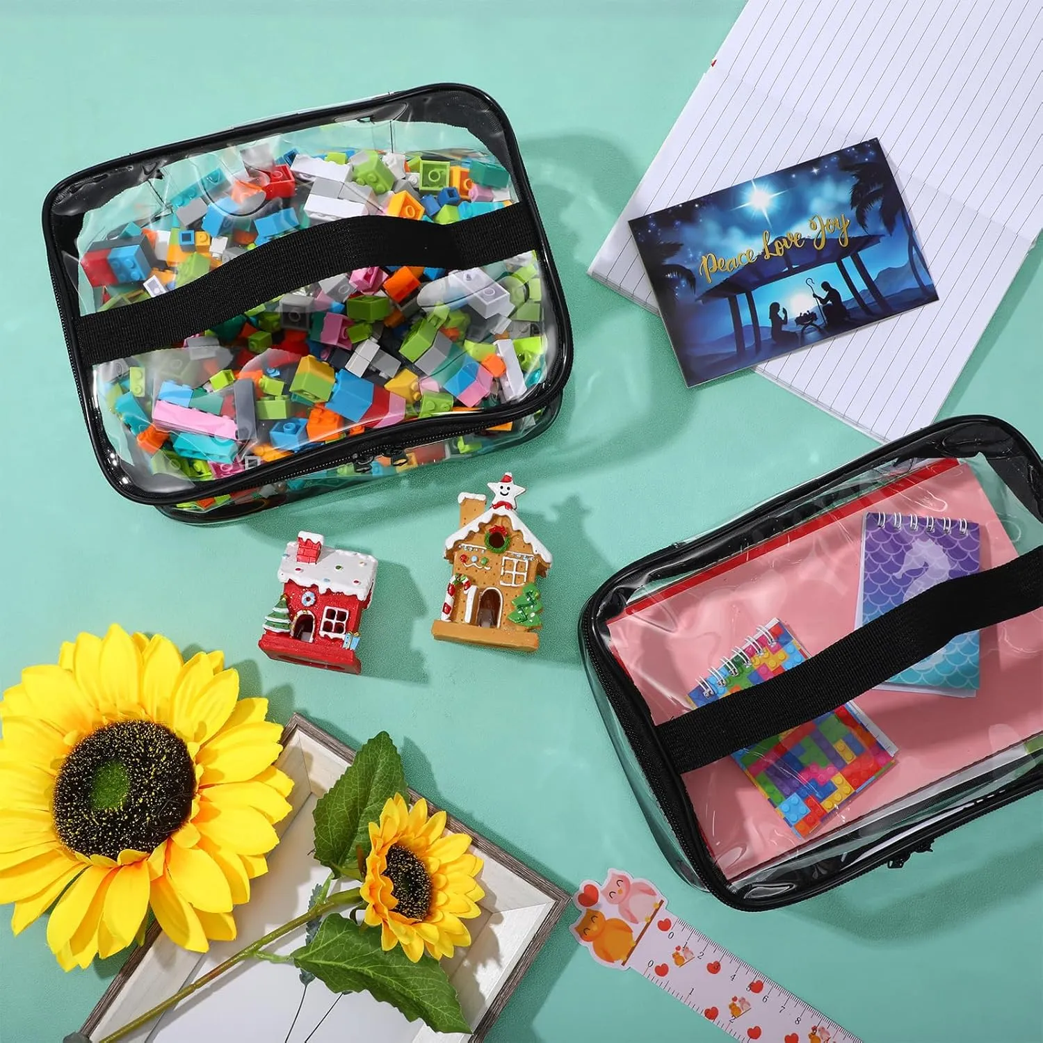 Nitial 3 Packs Small Clear Toy Storage Bags, PVC Toy Storage Bags with Zipper Handle, Waterproof Transparent Container for Small Toys, Building Blocks and Board Games(Black)