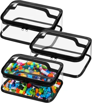 Nitial 3 Packs Small Clear Toy Storage Bags, PVC Toy Storage Bags with Zipper Handle, Waterproof Transparent Container for Small Toys, Building Blocks and Board Games(Black)
