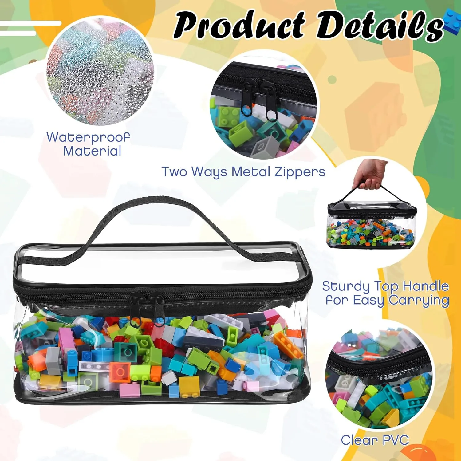 Nitial 3 Packs Small Clear Toy Storage Bags, PVC Toy Storage Bags with Zipper Handle, Waterproof Transparent Container for Small Toys, Building Blocks and Board Games(Black)