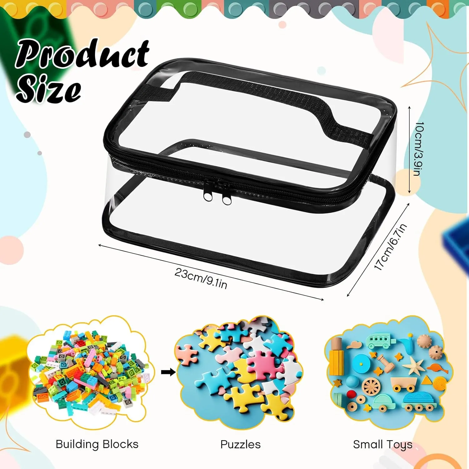Nitial 3 Packs Small Clear Toy Storage Bags, PVC Toy Storage Bags with Zipper Handle, Waterproof Transparent Container for Small Toys, Building Blocks and Board Games(Black)