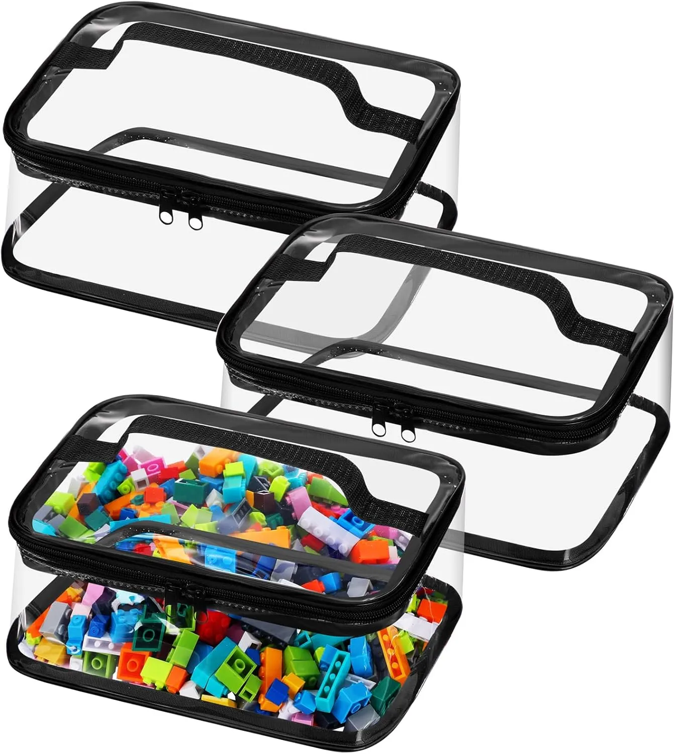 Nitial 3 Packs Small Clear Toy Storage Bags, PVC Toy Storage Bags with Zipper Handle, Waterproof Transparent Container for Small Toys, Building Blocks and Board Games(Black)