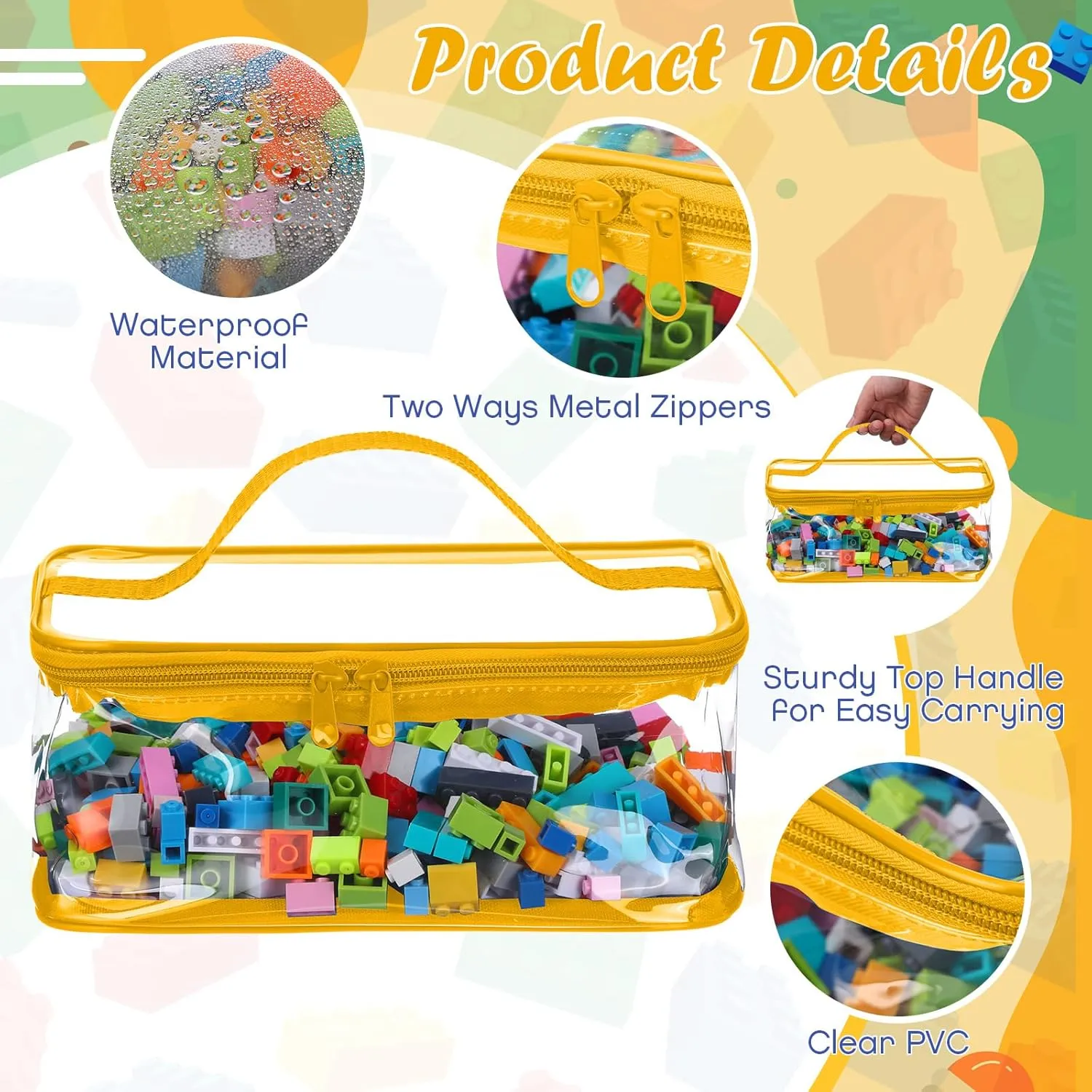Nitial 3 Packs Small Clear Toy Storage Bags, PVC Toy Storage Bags with Zipper Handle, Waterproof Transparent Container for Small Toys, Building Blocks and Board Games(Blue, Yellow, Green)