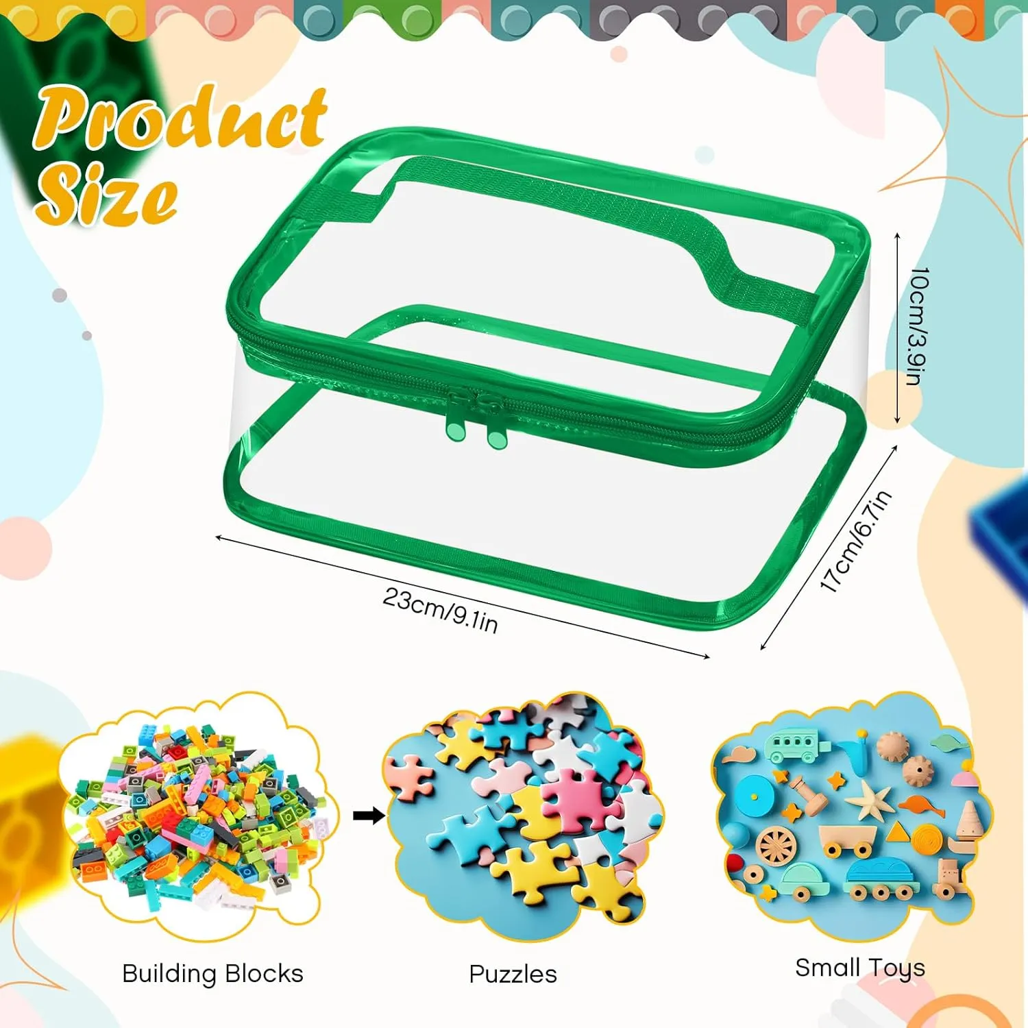 Nitial 3 Packs Small Clear Toy Storage Bags, PVC Toy Storage Bags with Zipper Handle, Waterproof Transparent Container for Small Toys, Building Blocks and Board Games(Blue, Yellow, Green)