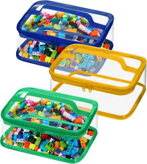 Nitial 3 Packs Small Clear Toy Storage Bags, PVC Toy Storage Bags with Zipper Handle, Waterproof Transparent Container for Small Toys, Building Blocks and Board Games(Blue, Yellow, Green)