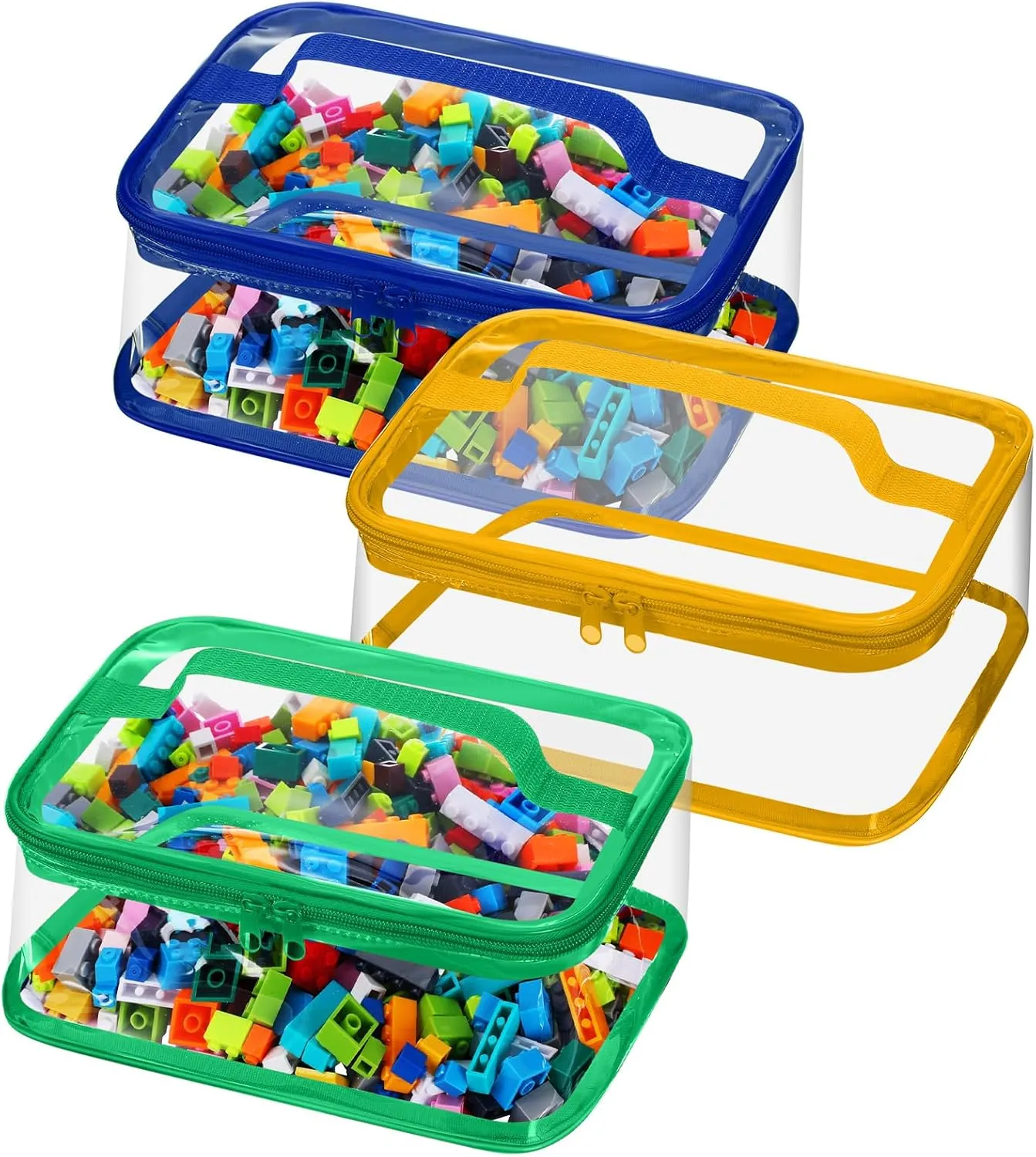 Nitial 3 Packs Small Clear Toy Storage Bags, PVC Toy Storage Bags with Zipper Handle, Waterproof Transparent Container for Small Toys, Building Blocks and Board Games(Blue, Yellow, Green)