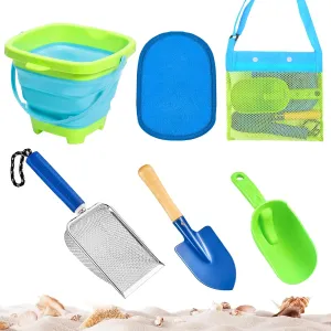 NNG 6PCS Beach Bucket Shovels Toys for Kids,Collapsible Beach Bucket with Shovels Set with Mesh Bag,Toddlers Foldable Sand Buckets & Sandbox Toys,Summer Beach Supplies Travel Beach Toy Kit,Age 3-10
