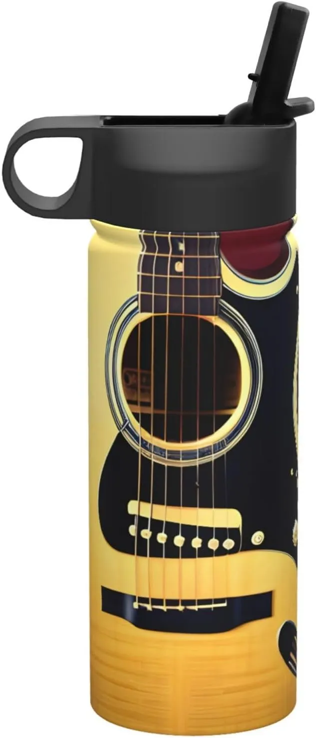 Note Guitar Print Flask Stainless Steel Water Bottle with Straw 18OZ FOR Outdoor Gym Commute