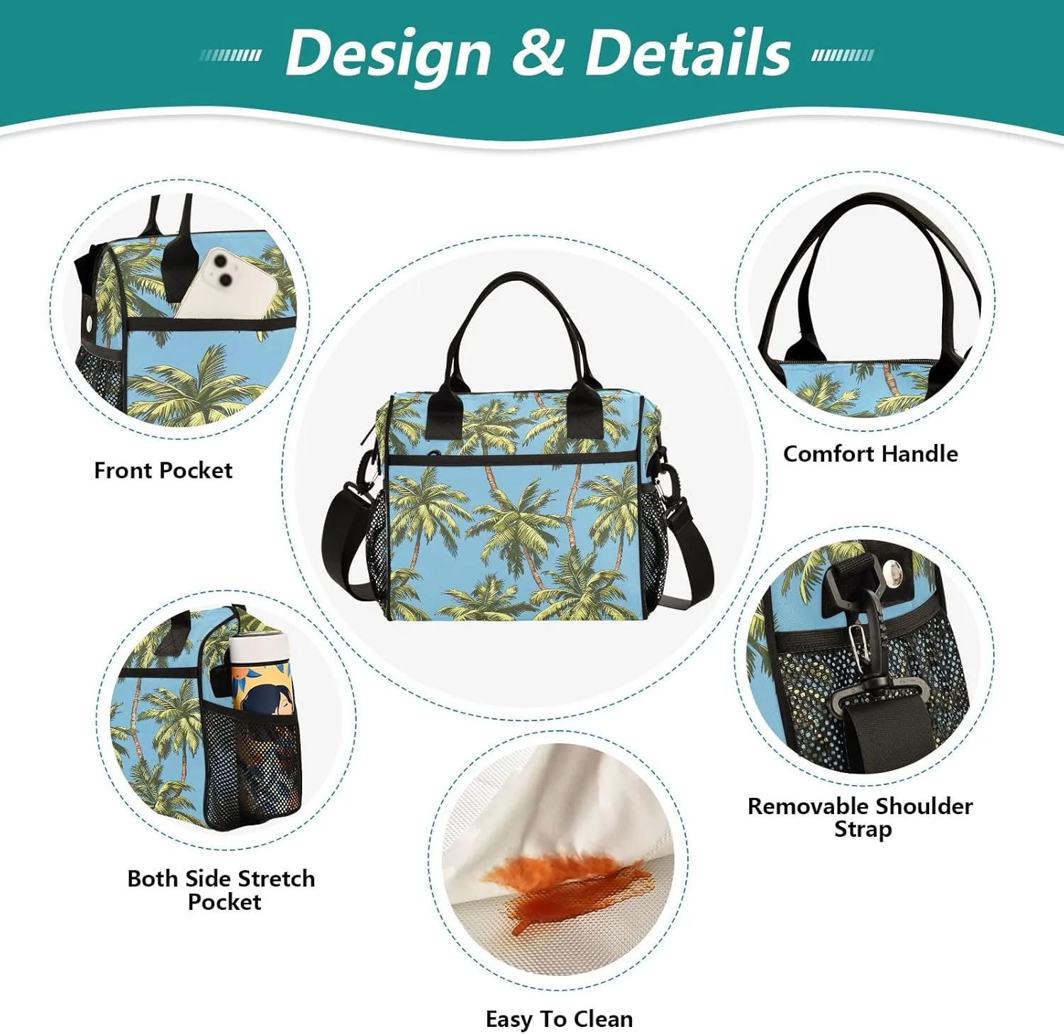 ODAWA Palm Trees Blue Lunch Box Bag with Adjustable Shoulder Strap, Men Lunch Bags for Work