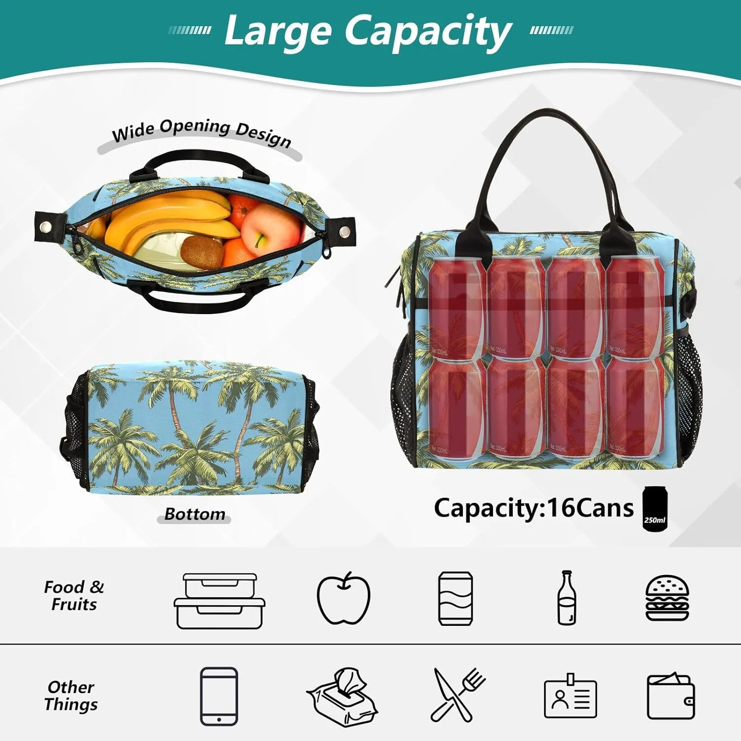 ODAWA Palm Trees Blue Lunch Box Bag with Adjustable Shoulder Strap, Men Lunch Bags for Work