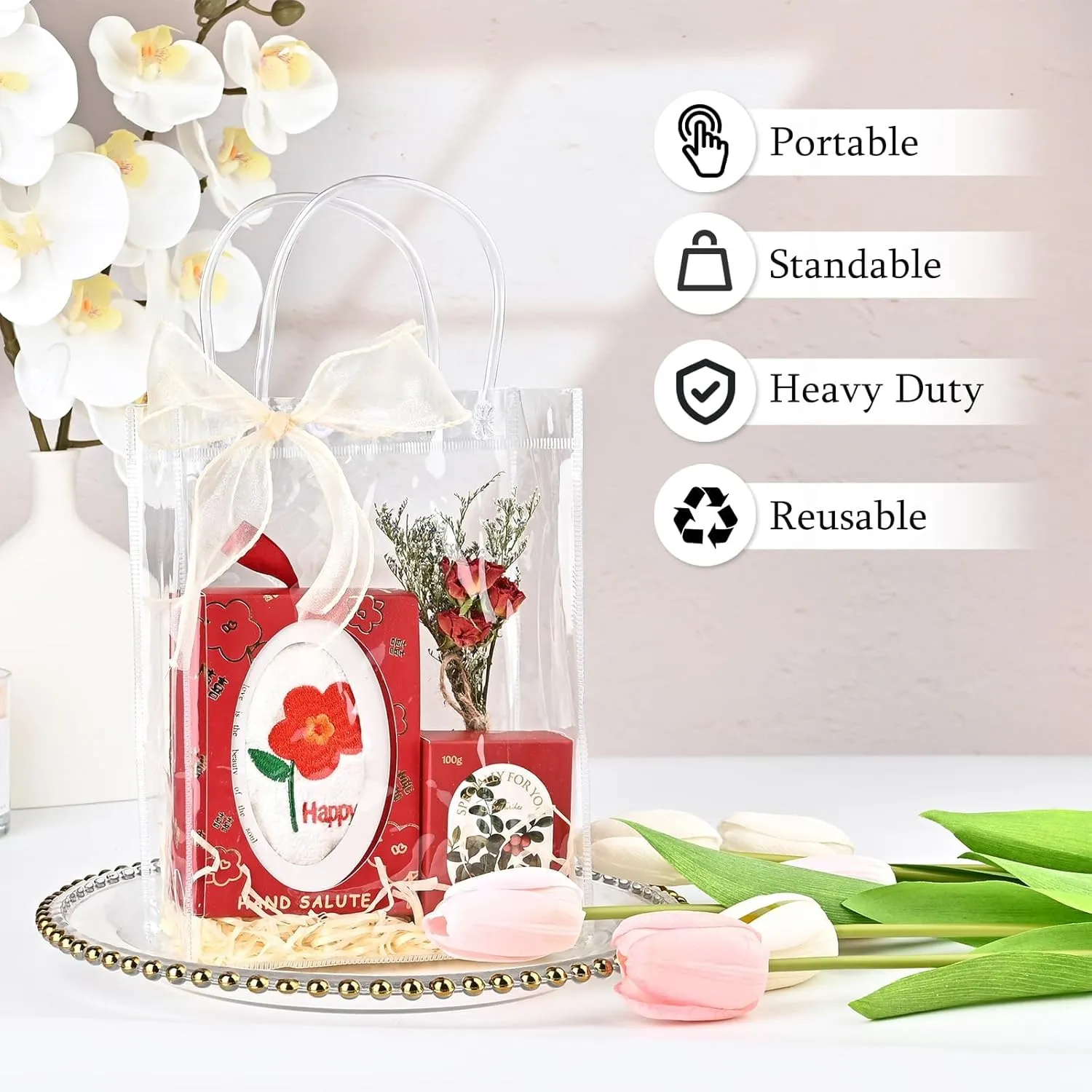 Ohuimrt 50 PCS Clear Plastic Gift Bags with Handles, Reusable Party Favor Bags with Ribbon Transparent Gift Wrap Bags Bulk for Weddings Birthdays, 9.1 x 6.7 x 2.8 Inches