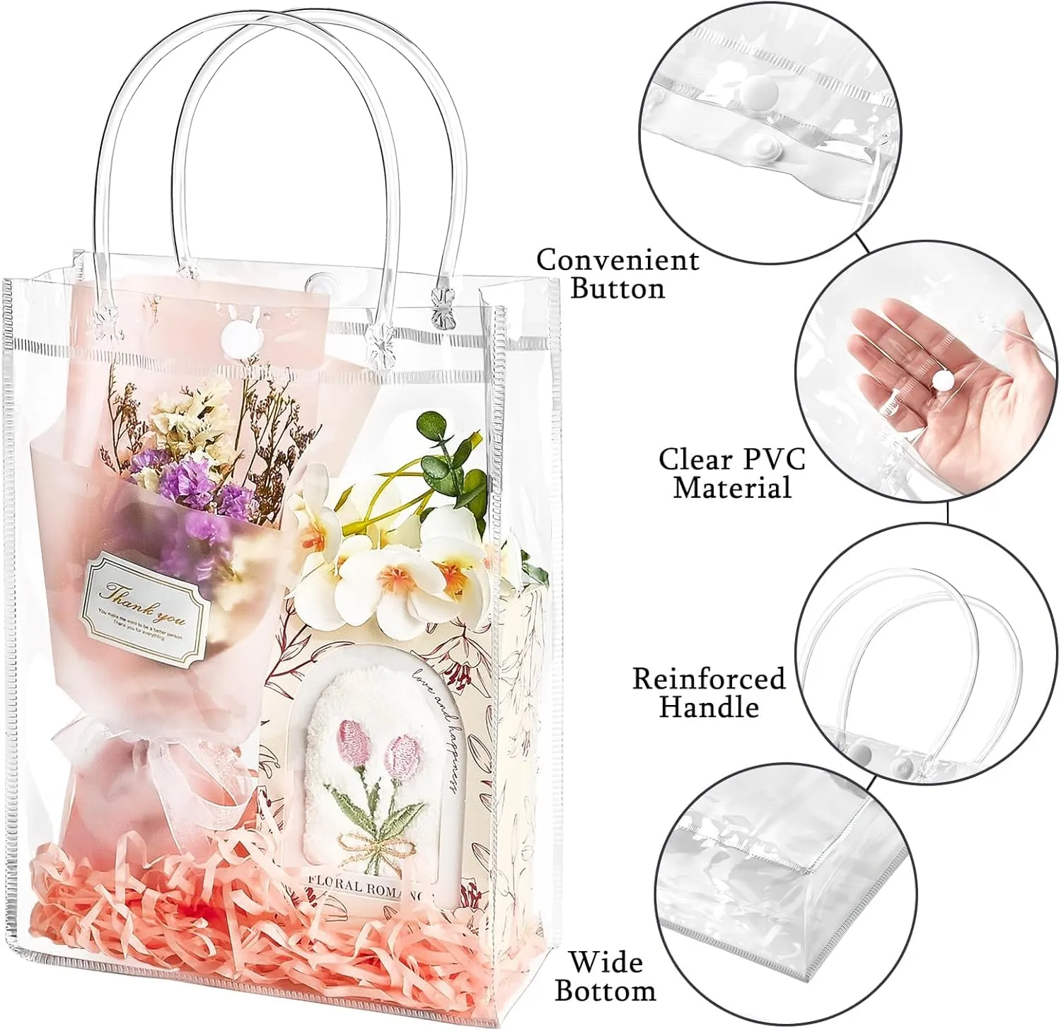 Ohuimrt 50 PCS Clear Plastic Gift Bags with Handles, Reusable Party Favor Bags with Ribbon Transparent Gift Wrap Bags Bulk for Weddings Birthdays, 9.1 x 6.7 x 2.8 Inches