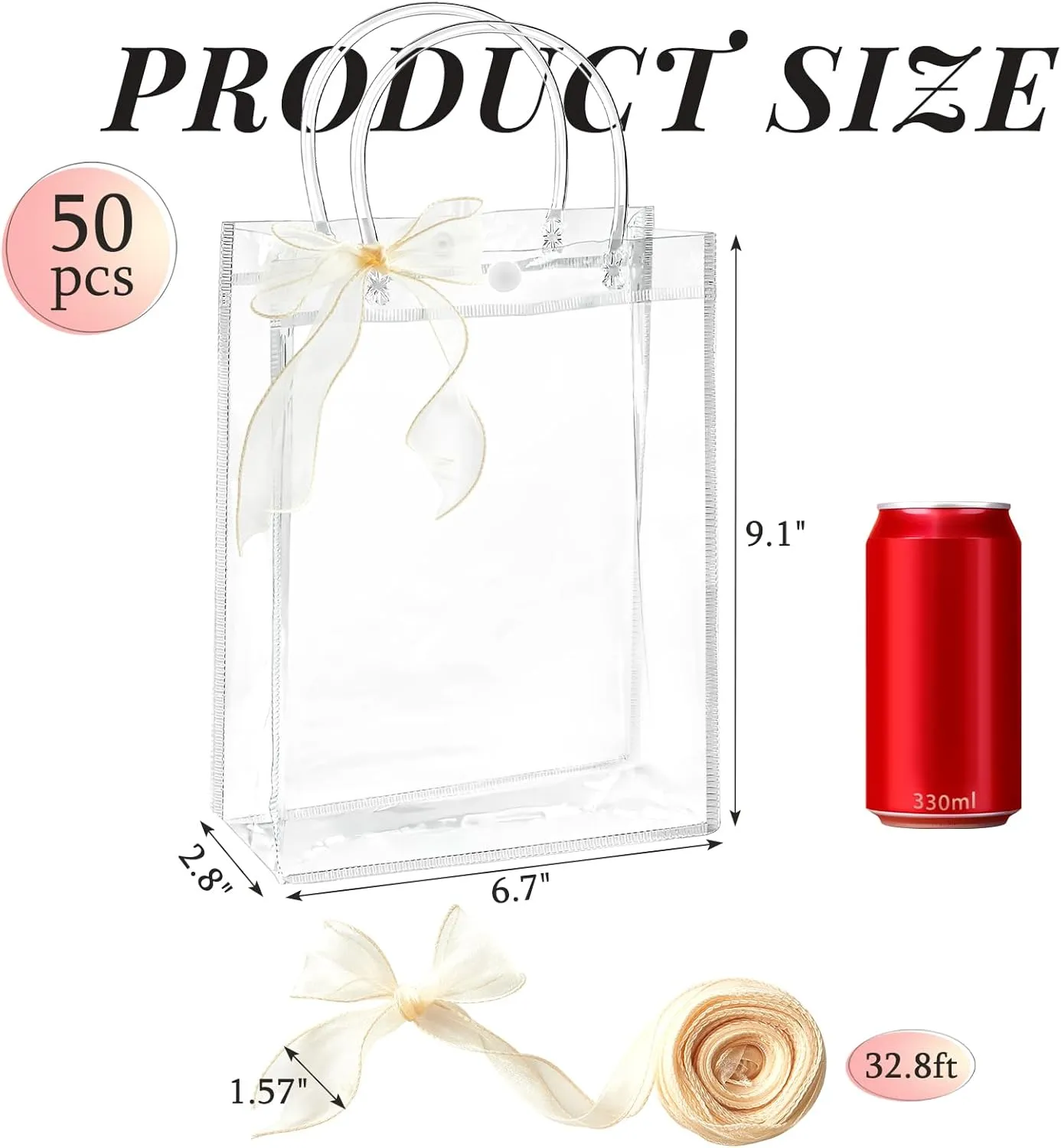 Ohuimrt 50 PCS Clear Plastic Gift Bags with Handles, Reusable Party Favor Bags with Ribbon Transparent Gift Wrap Bags Bulk for Weddings Birthdays, 9.1 x 6.7 x 2.8 Inches