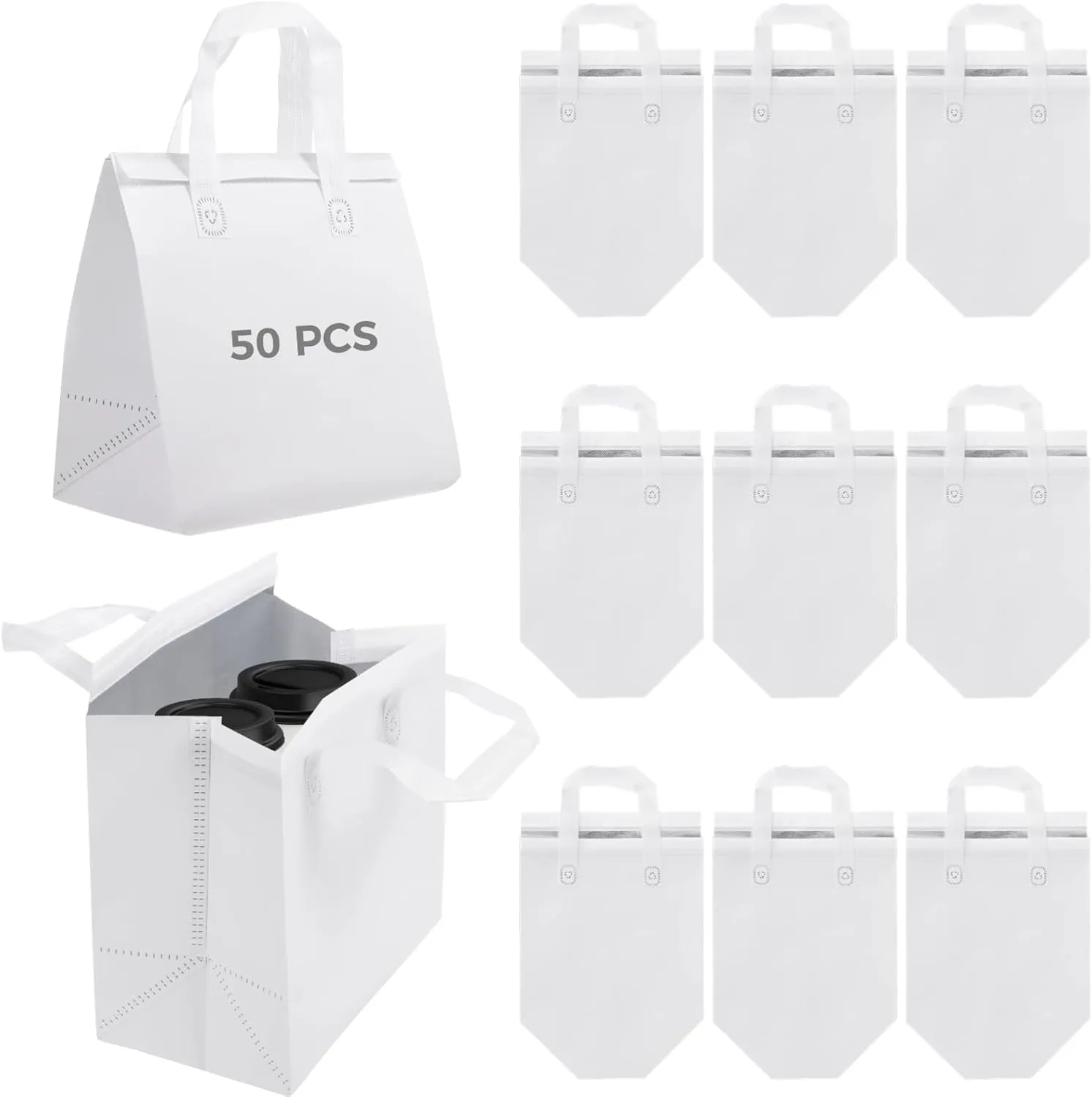 OMISTAR 50 PCS Insulated Take Away Bags, 9.5 x 6 x 9.5 Inches Bulk Food Bags Thermal Insulation for Coffee Milk Tea, Hot Cold Food Cooler Bags Pizza Delivery Bags for Restaurant Grocery
