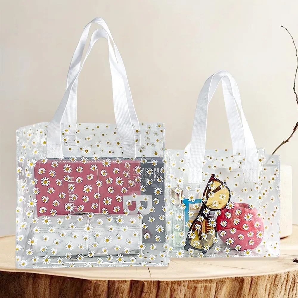 ONEART Daisy Flower PVC Tote Bag, Small Clear PVC Handbag for Beach Vacation Shopping, Waterproof Purse Bag