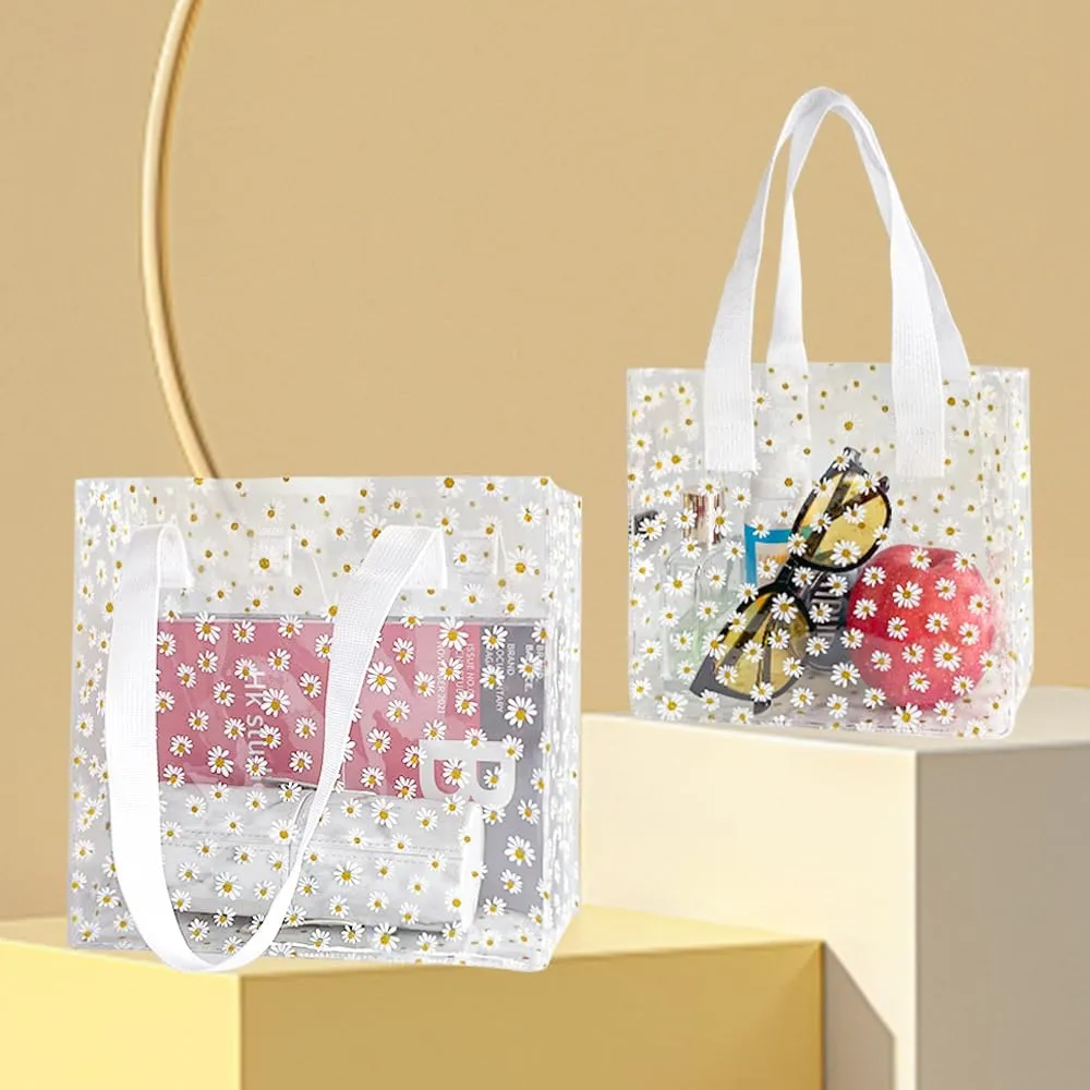ONEART Daisy Flower PVC Tote Bag, Small Clear PVC Handbag for Beach Vacation Shopping, Waterproof Purse Bag