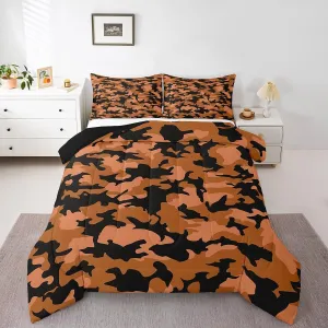 Orange Camo Bedding Set King Size Army Military Comforter for Adults Teens Abstract Camouflage Down Comforter Geometric Irregular Graffiti Duvet Insert with 2 Pillowcases