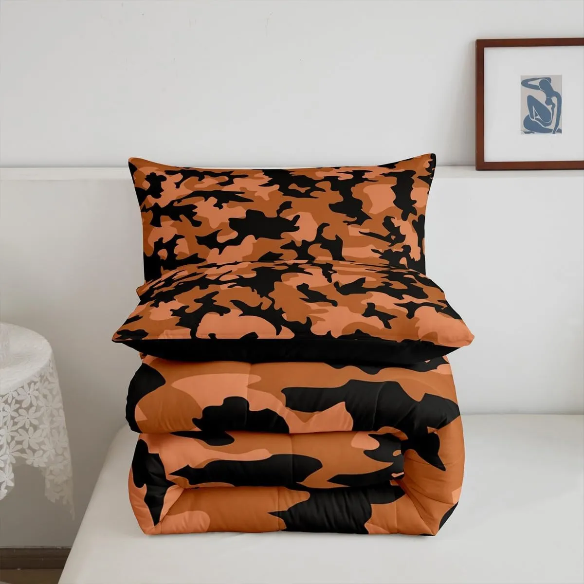 Orange Camo Bedding Set King Size Army Military Comforter for Adults Teens Abstract Camouflage Down Comforter Geometric Irregular Graffiti Duvet Insert with 2 Pillowcases