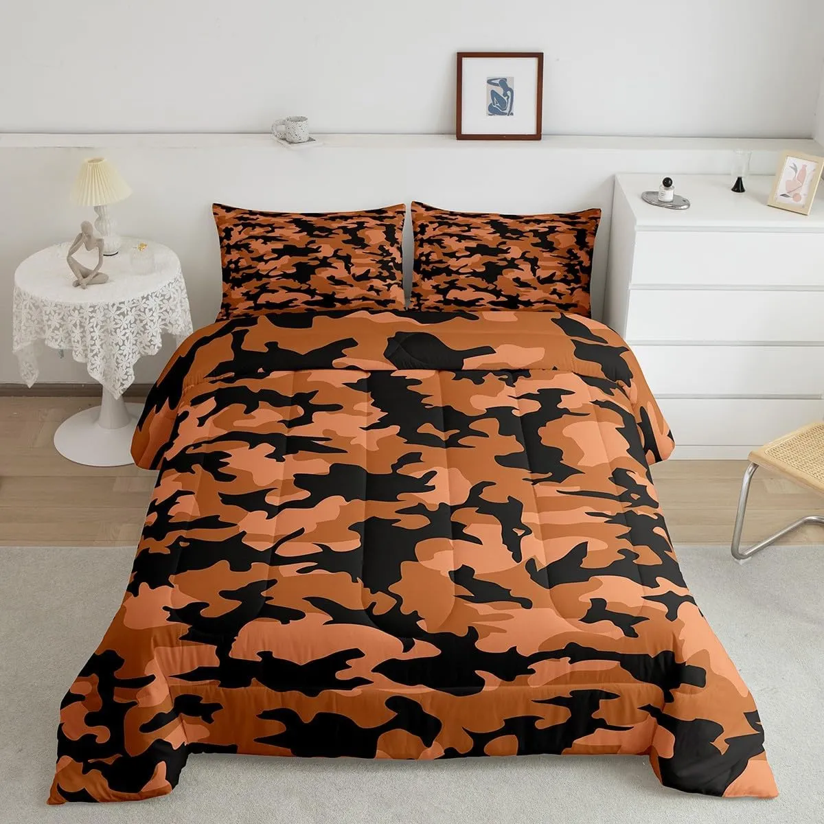 Orange Camo Bedding Set King Size Army Military Comforter for Adults Teens Abstract Camouflage Down Comforter Geometric Irregular Graffiti Duvet Insert with 2 Pillowcases