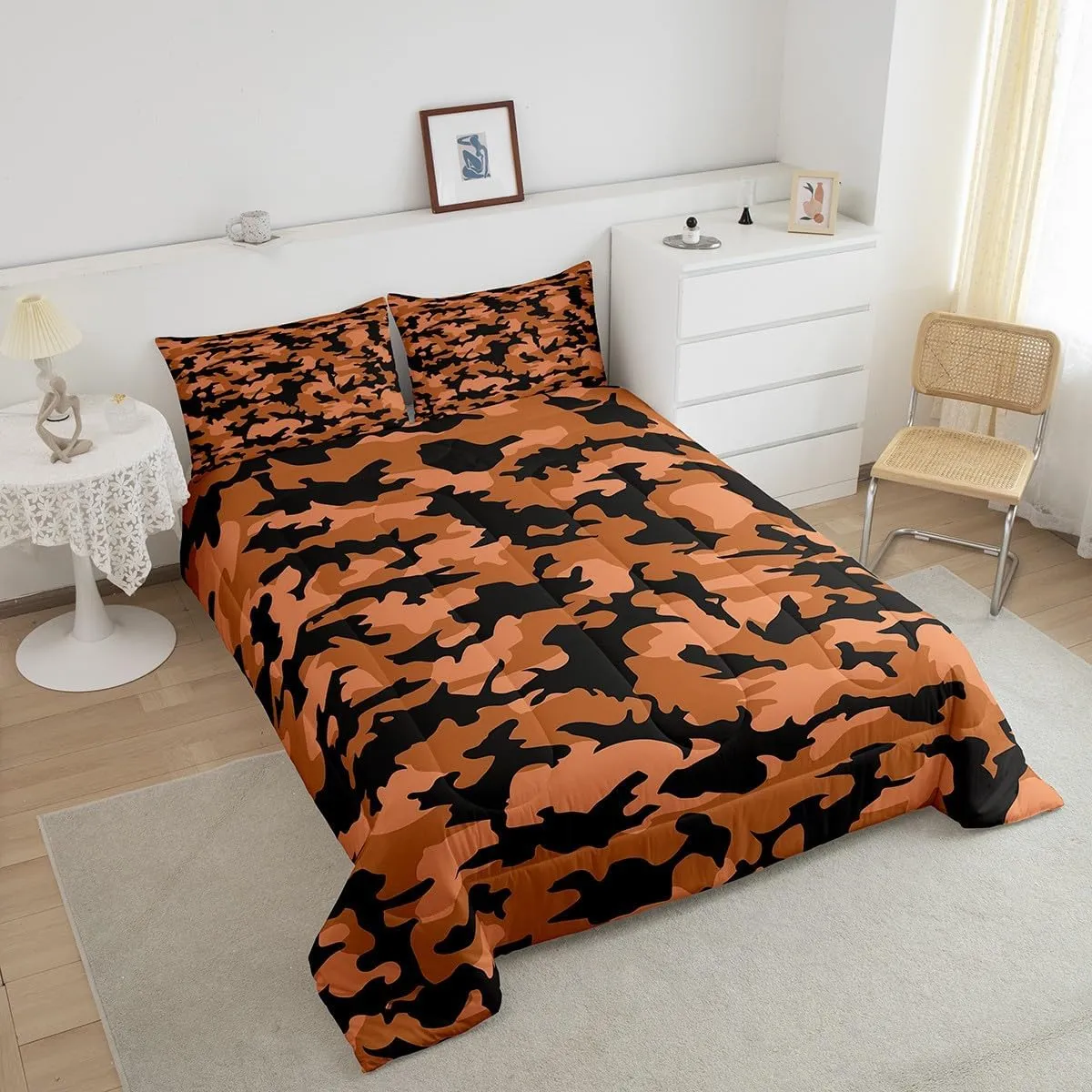 Orange Camo Bedding Set King Size Army Military Comforter for Adults Teens Abstract Camouflage Down Comforter Geometric Irregular Graffiti Duvet Insert with 2 Pillowcases