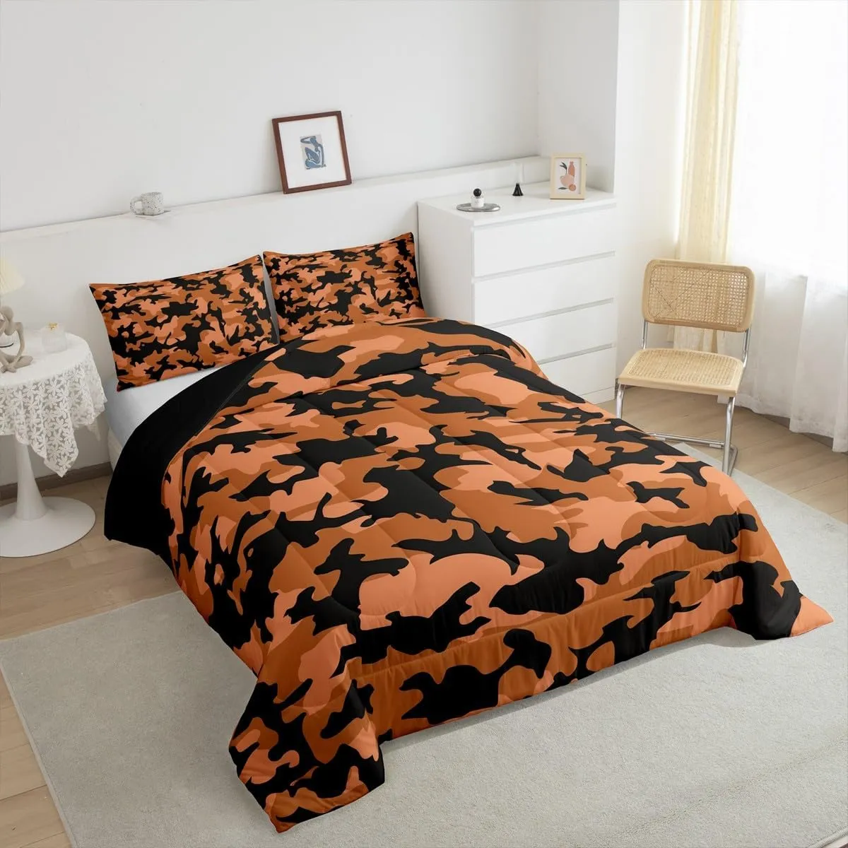 Orange Camo Bedding Set King Size Army Military Comforter for Adults Teens Abstract Camouflage Down Comforter Geometric Irregular Graffiti Duvet Insert with 2 Pillowcases