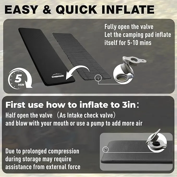 Overmont Self Inflating Sleeping Pad for Camping - 3” Ultra Thick Memory Foam Camping Pad - Inflatable Camping Mattress Pad 4 Season Camp Sleeping Mat for Car Truck Travel Tent