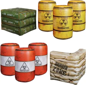 Package 8 Combat Battle Field Inflatables, 6 Barrels   1 Sandbag   1 Army Box, Compatible with Laser tag, Water Gun for Boys Birthday Party Activities and Decoration.