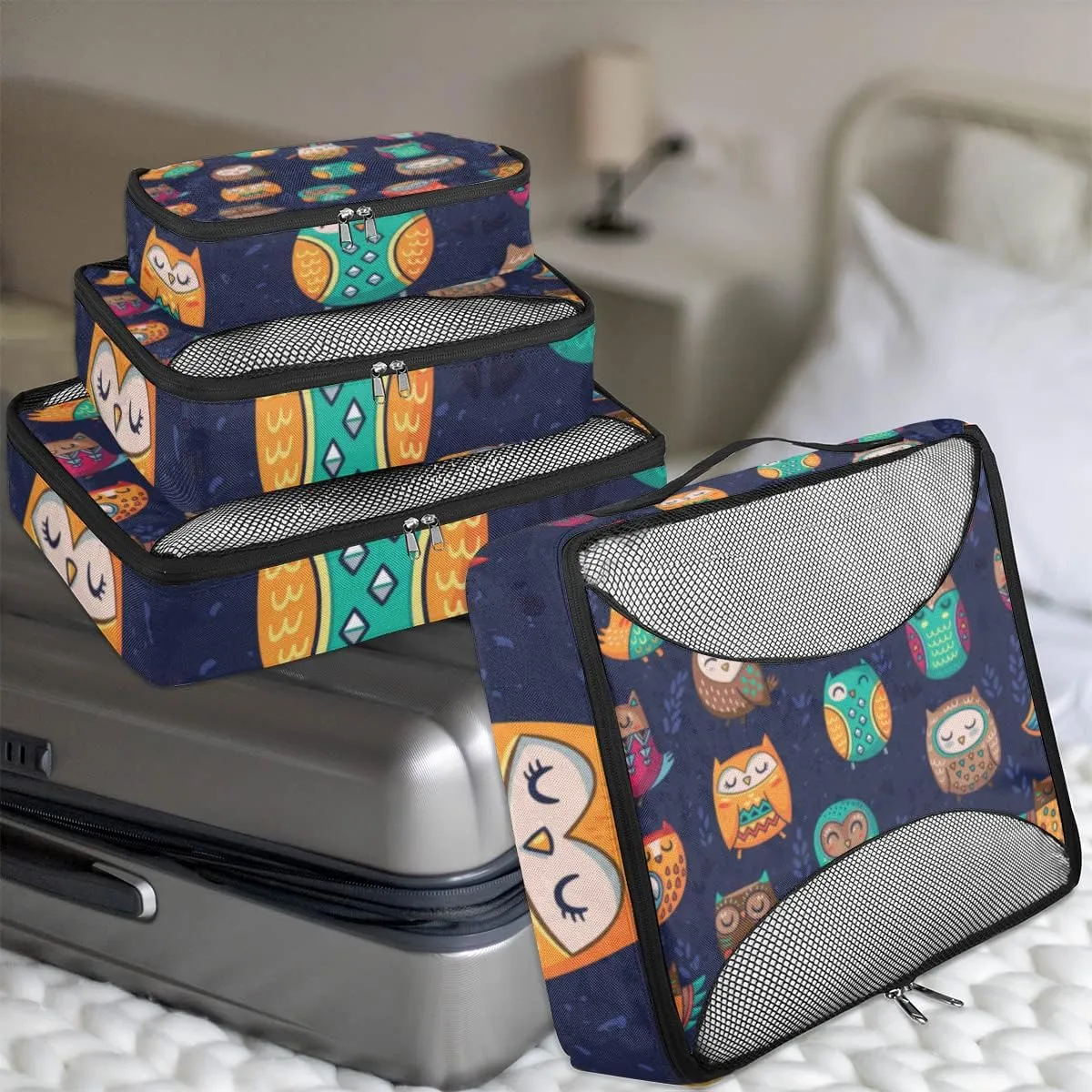 Packing Cubes 4 Pack Cute Animal Indian Owl Travel Packing Bags Individual Carry on Suitcases Underwear Luggage Mesh Organizer Packing Cubes Set for Travel Bag Backpack