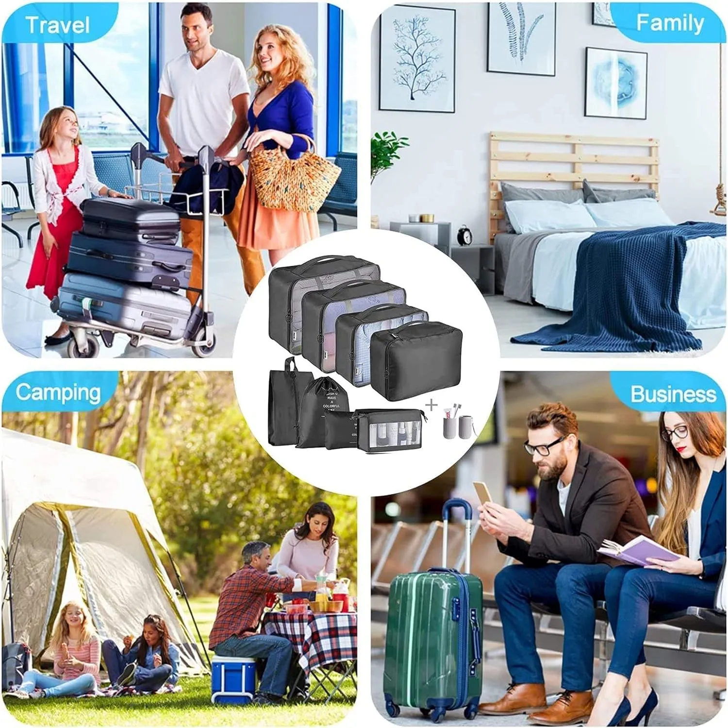 Packing Cubes For Suitcase, 8pcs Set Travel Organizer Bags, Waterproof (Black)