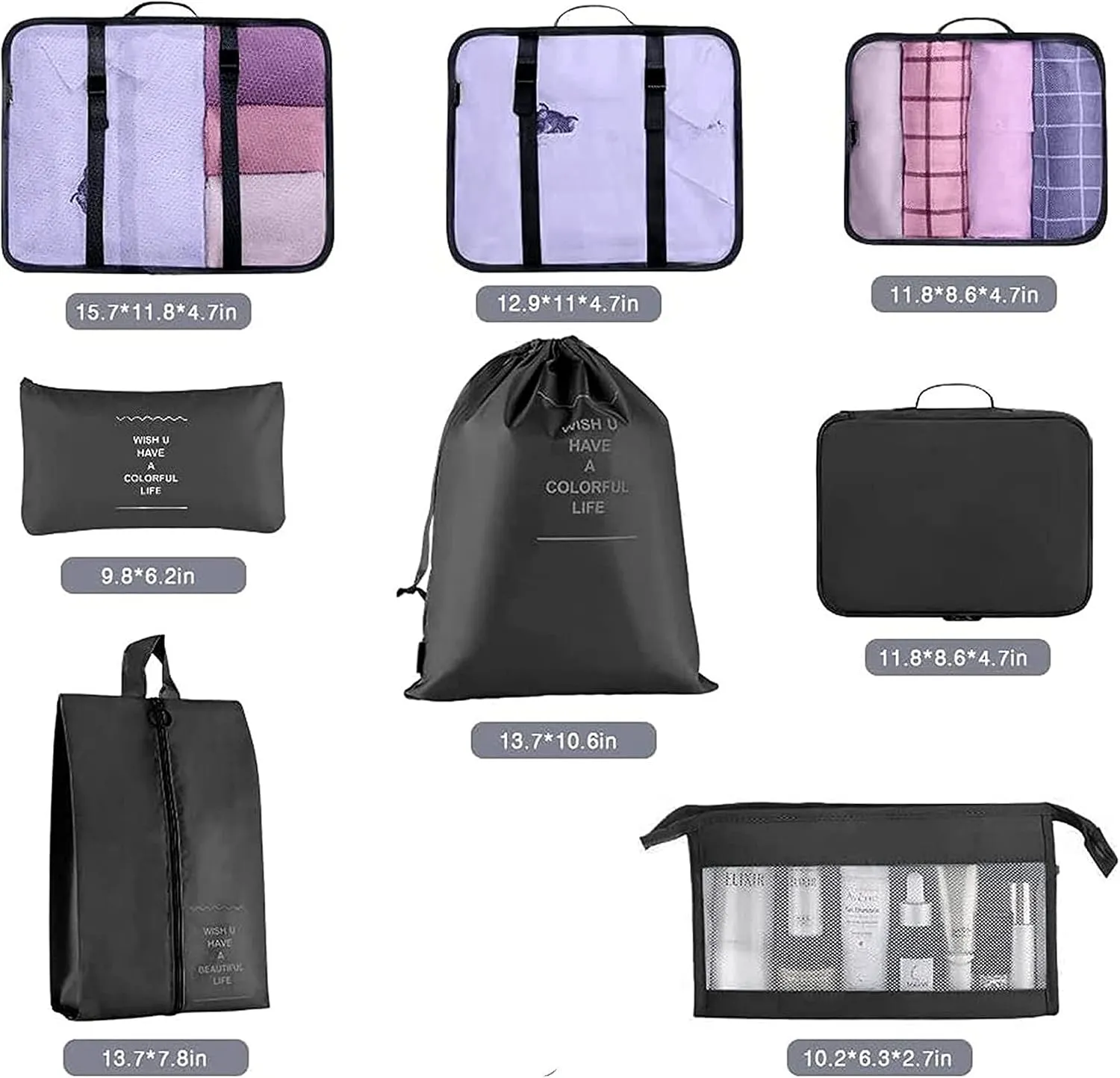 Packing Cubes For Suitcase, 8pcs Set Travel Organizer Bags, Waterproof (Black)