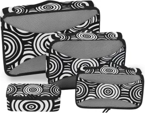 Packing Cubes for Travel 4 Set Black White Concentric Circles Luggage Set Suitcase Organizer Bags Mesh Accessories Storage Pouch Toiletry Packing Cubes
