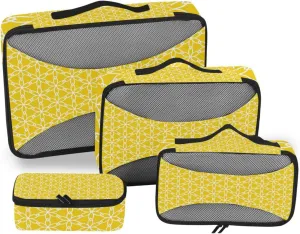 Packing Cubes for Travel 4 Set Yellow Hexagonal Floral Luggage Set Suitcase Organizer Bags Mesh Accessories Storage Pouch Toiletry Packing Cubes