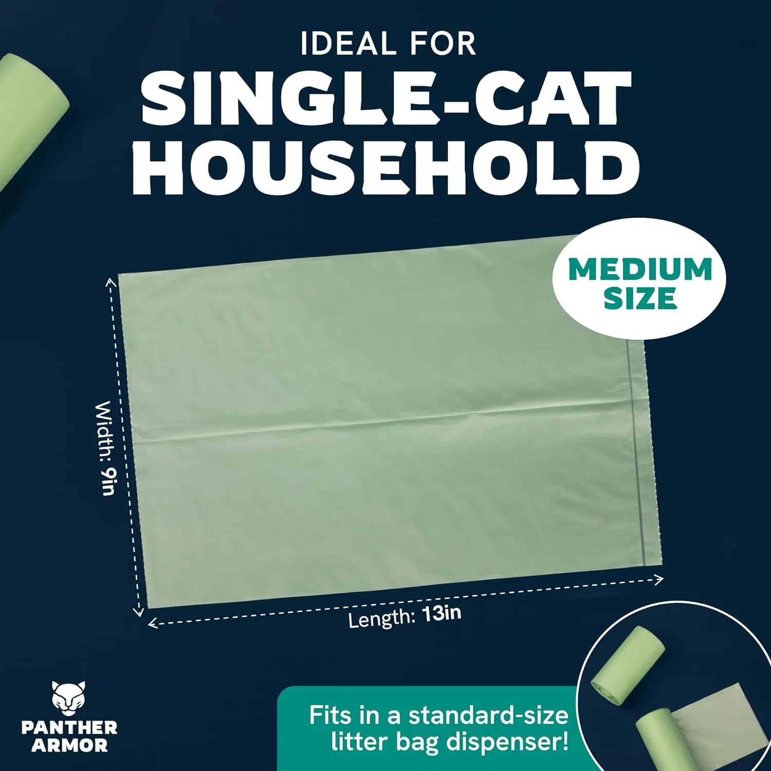 Panther Armor Compostable Cat Litter Bags for Poop - 100x Unscented Pet Waste Bags, 13x9in Leak Proof Kitty Litter Bags - Odor Proof, Easy Open Dispenser Box of Cat Poop Bags