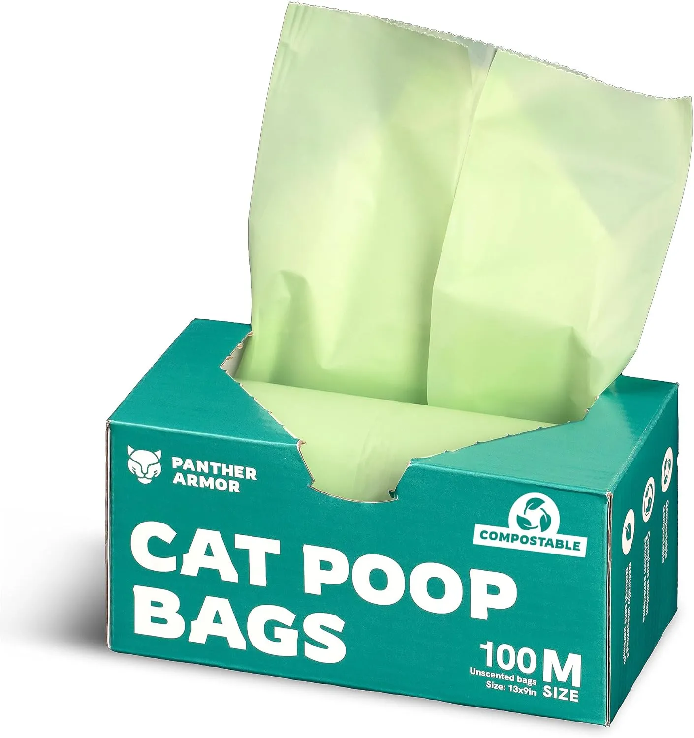 Panther Armor Compostable Cat Litter Bags for Poop - 100x Unscented Pet Waste Bags, 13x9in Leak Proof Kitty Litter Bags - Odor Proof, Easy Open Dispenser Box of Cat Poop Bags