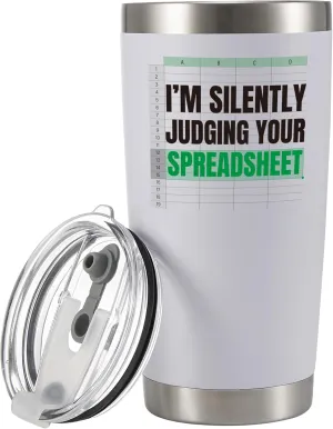 Panvola I'm Silently Judging Your Spreadsheet Accounting Gifts Accountant Data Analyst Bookkeeper Researchers CPA Vacuum Insulated Tumbler with Straw and Removable Lid 20 oz White