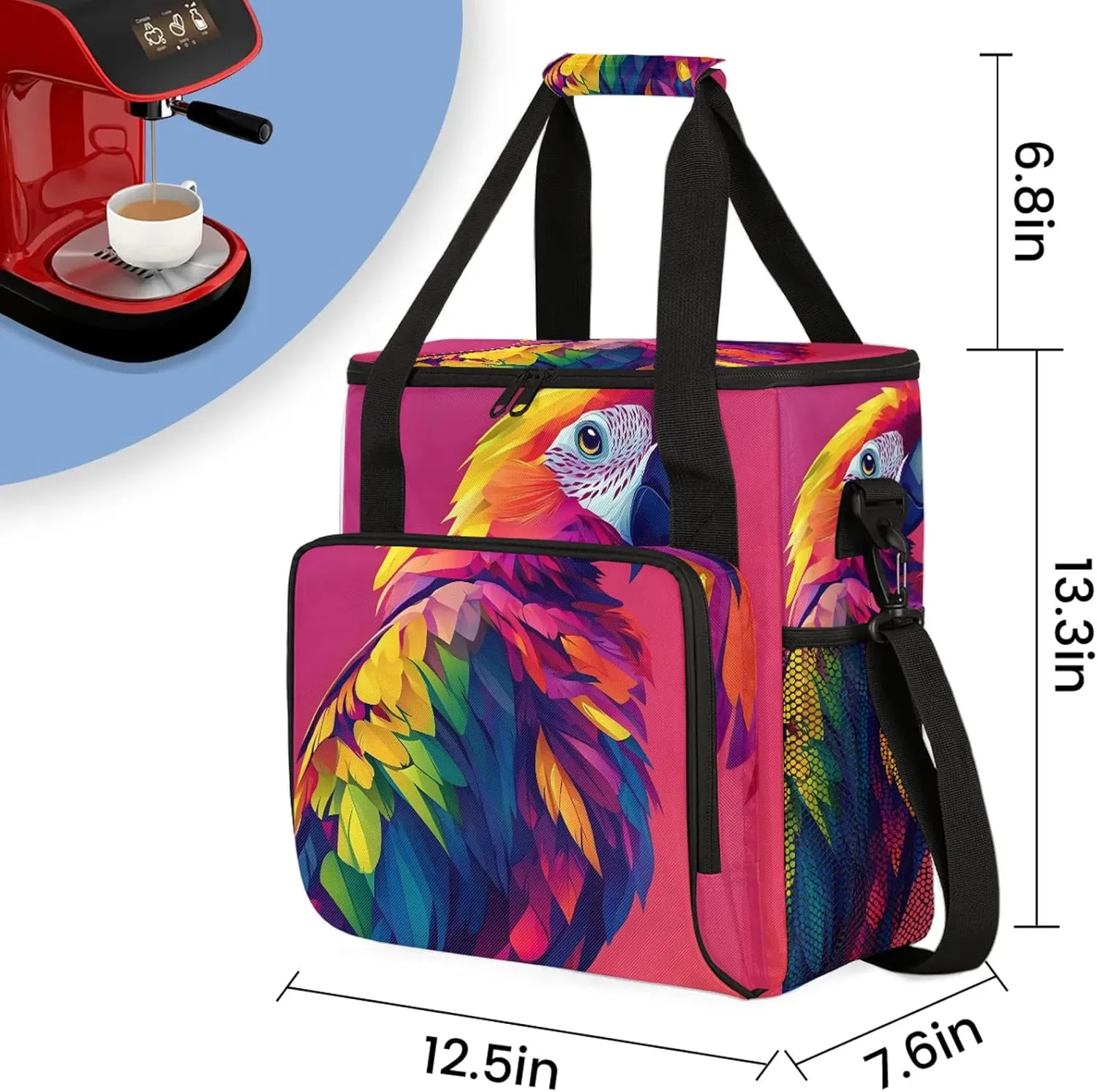 Parrot Coffee Maker Travel Bag, Bird Insulated Grocery Bag Travel Picnic Leakproof Cooler Bags With Shoulder Strap