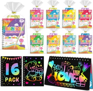 Party Favors for Kids: 16 Pack Rainbow Scratch Art Notebook Students Classroom Gifts Bulk for Girls Boys Goodie Bags Stuffers, Return Gifts for Birthday Party Favors Bulk Kids Crafts