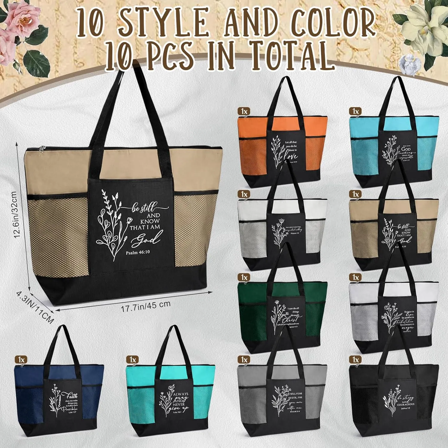 Paterr 10 Pcs Christian Tote Bags Bulk with Pocket Zipper for Women Bible Study Group Religious Church Gifts