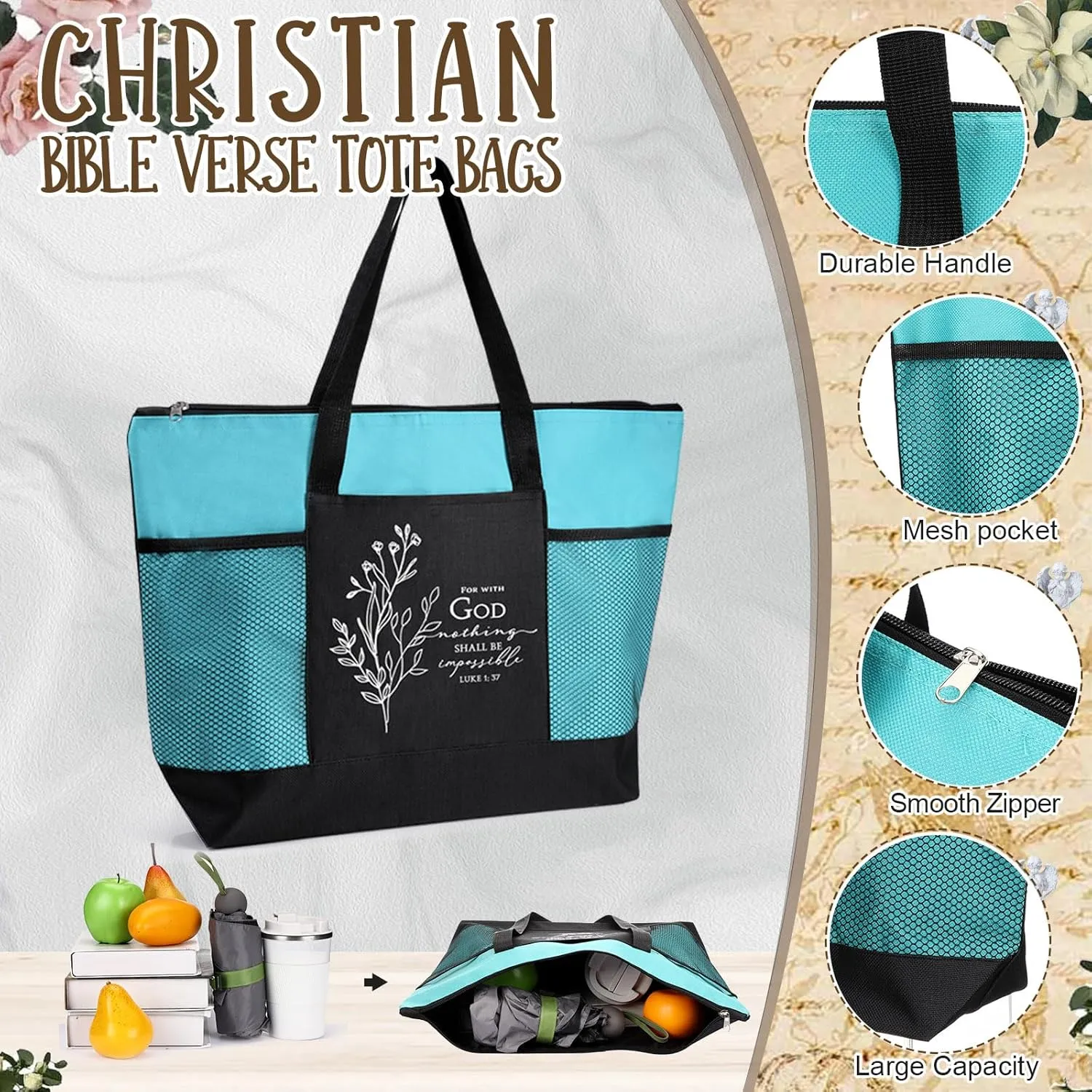 Paterr 10 Pcs Christian Tote Bags Bulk with Pocket Zipper for Women Bible Study Group Religious Church Gifts