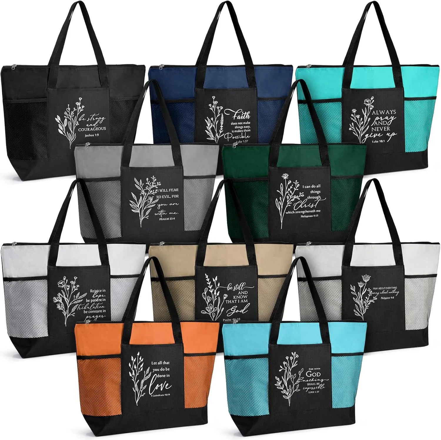 Paterr 10 Pcs Christian Tote Bags Bulk with Pocket Zipper for Women Bible Study Group Religious Church Gifts