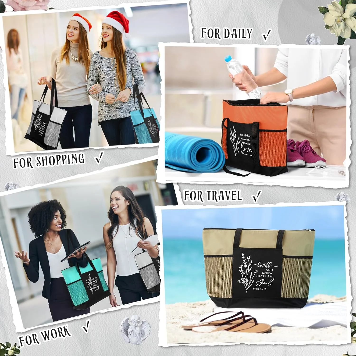 Paterr 10 Pcs Christian Tote Bags Bulk with Pocket Zipper for Women Bible Study Group Religious Church Gifts