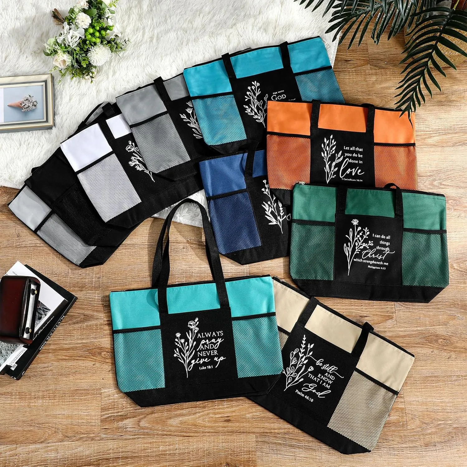 Paterr 10 Pcs Christian Tote Bags Bulk with Pocket Zipper for Women Bible Study Group Religious Church Gifts